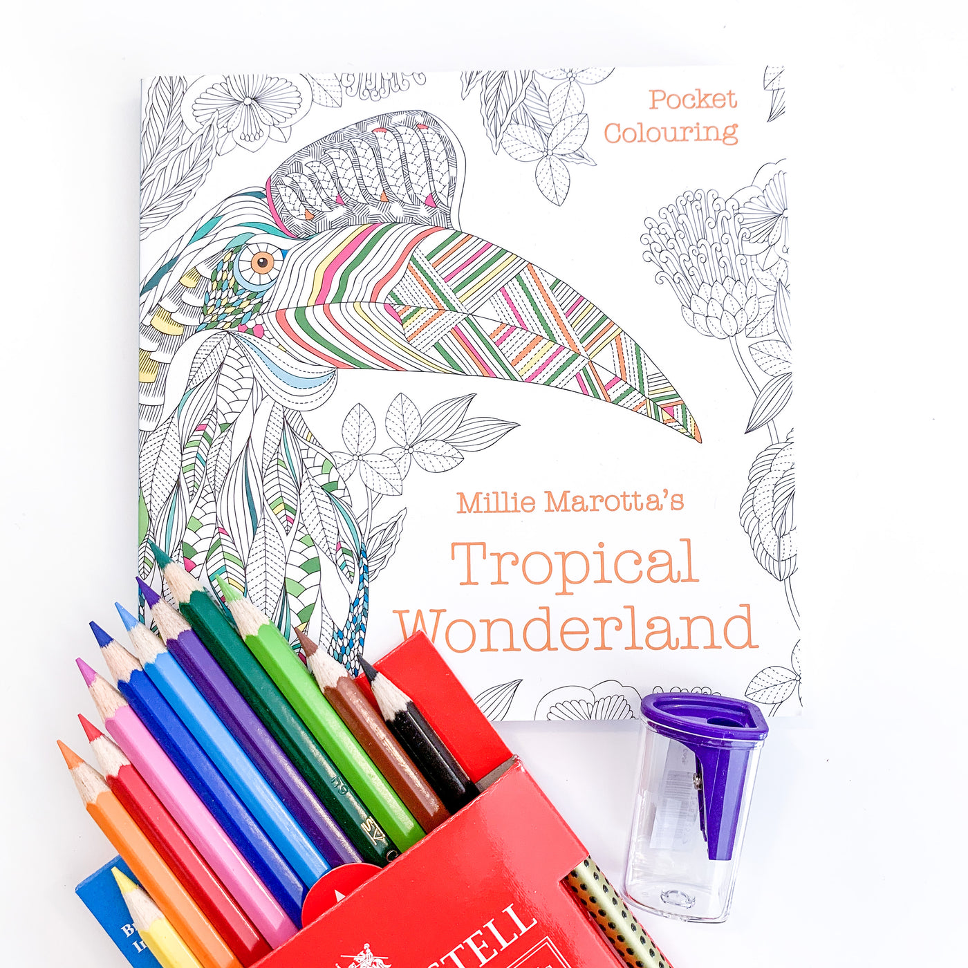 Colouring Pack - Millie Marotta's Tropical Wonderland, with Faber Castell Colouring Pencils and Sharpener - Feel Better Box